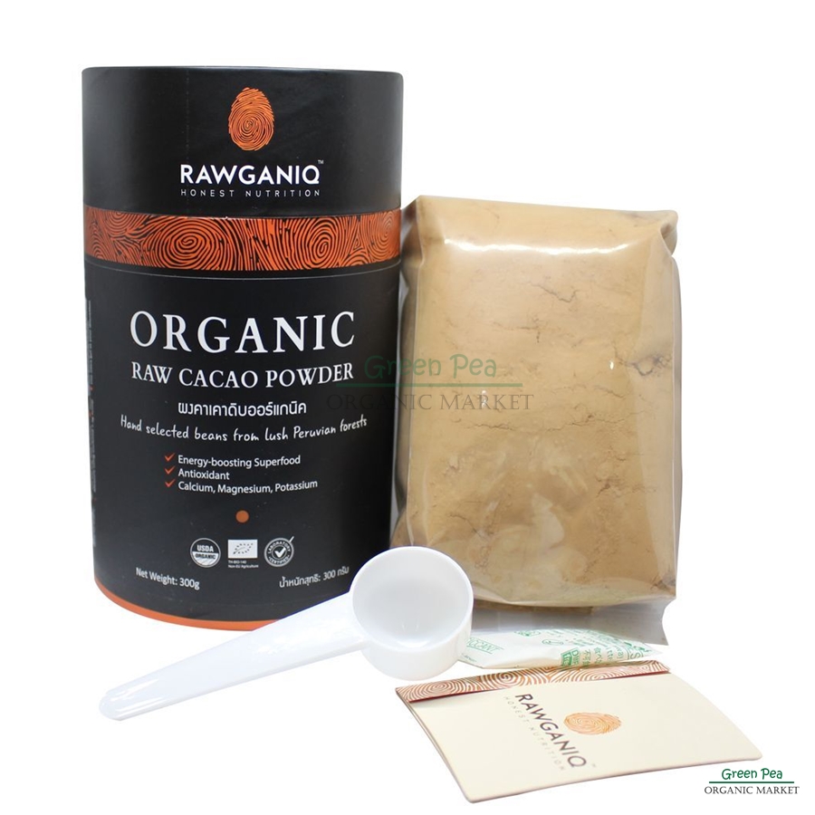 RAWGANIQ ผงคาเคาดิบ ออร์แกนิค นำเข้า กระปุก 300 กรัม Organic Raw Cacao Powder ผงคาเคา สกัดเย็น ไร้สาเคมีตกค้าง ร่างกายสดชื่น ออแกนิคแท้ 100 %