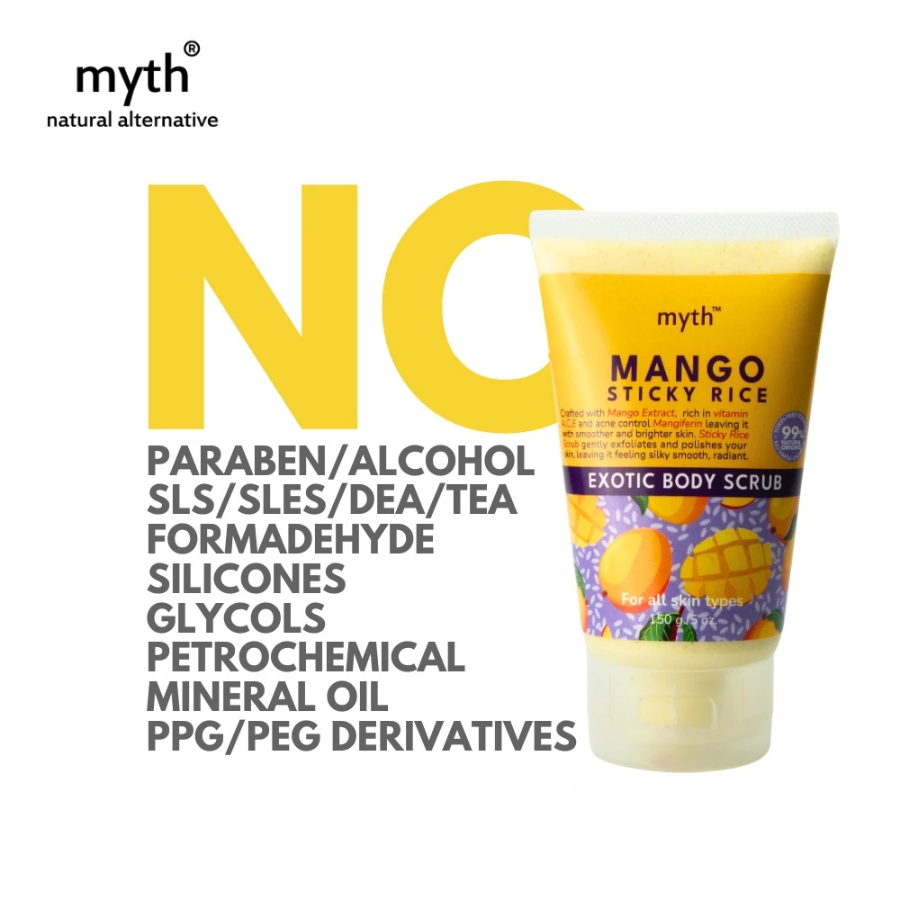 myth Mango Sticky Rice Exotic Body Scrub 150 g. บอดี้สครัปมะม่วง ข้าวเหนียว สครับจากข้าวเหนียว สครับผิว อ่อนโยน มิธ