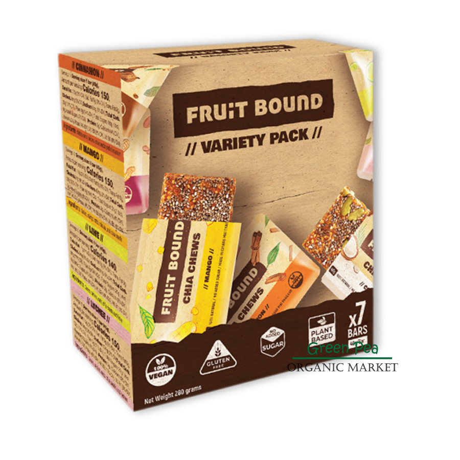Fruit Bound bars Power bar Variety pack ขนมอร่อยปราศจากน้ำตาล, 40กรัม,สำหรับผู้รักสุขภาพ 7 รสชาติ โฉมใหม่ กล่อง 7 ชิ้น