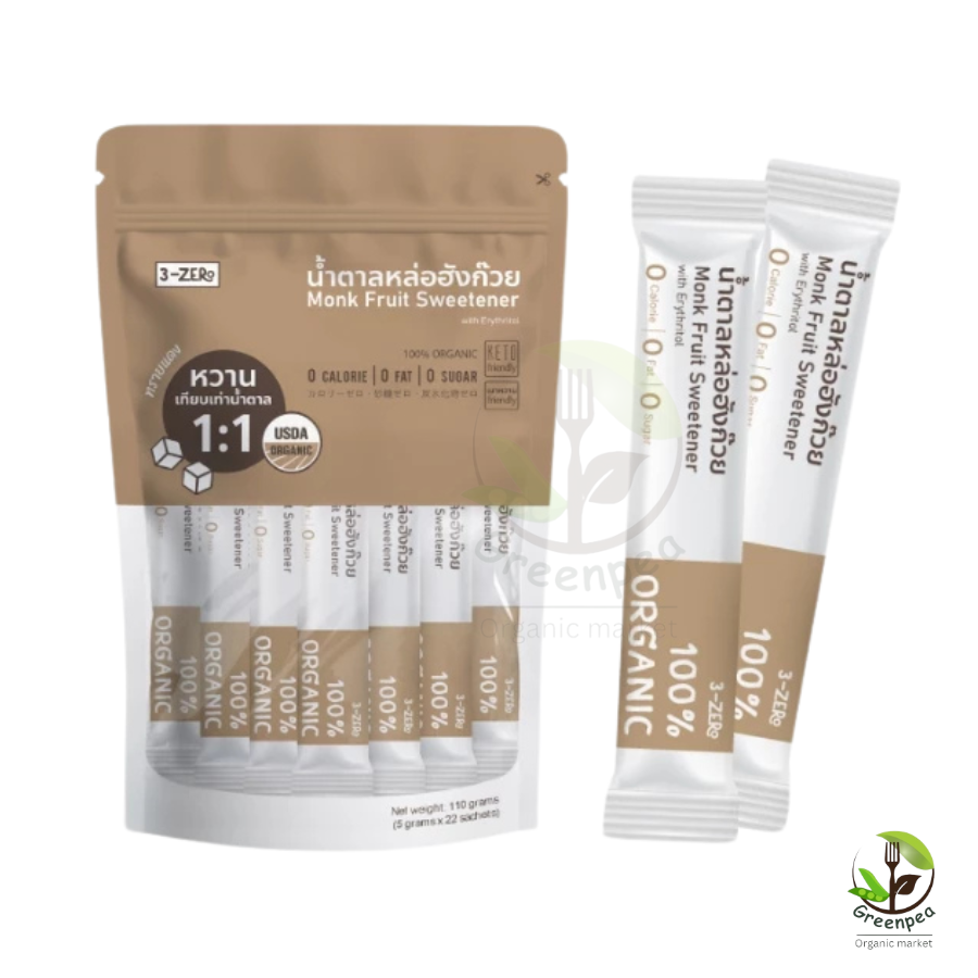 3-ZERo Monk Fruit Sweetener น้ำตาล หล่อฮังก๊วย ขนาด 110 กรัม (5 กรัม x 22 ซอง) หวานจากธรรมชาติ USDA Organic Keto ทานได้