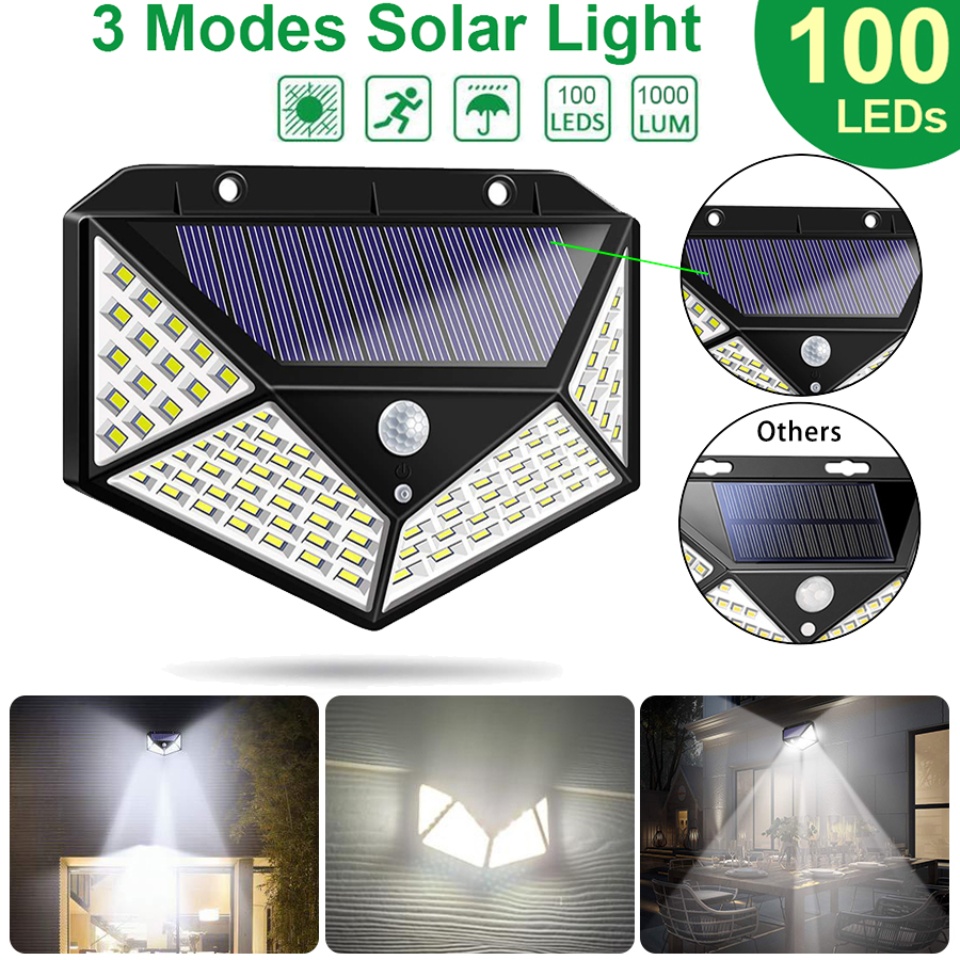 Solar Light 100 LED ไฟติดผนัง เซ็นเซอร์ ไฟโซล่าเซลล์ใช้พลังงานแสงอาทิตย์ ตรวจจับความเคลื่อนไหวอัตโนมัติ 3 โหมด