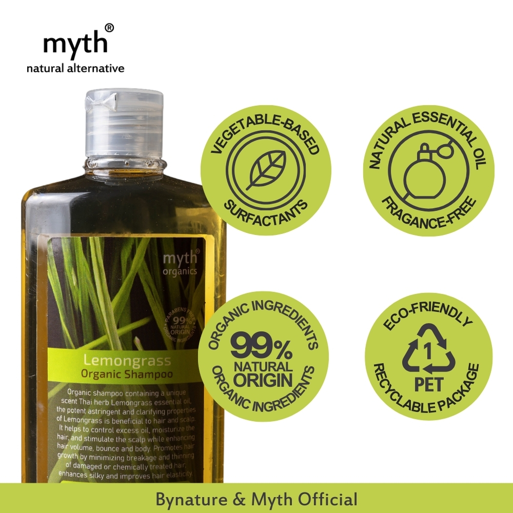 Myth Lemongrass Organic Shampoo แชมพูตะไคร้ สูตรออแกนิค ขนาด 250 ml. บำรุงเส้นผมและรากผม กลิ่นหอม Parabens free มิธ