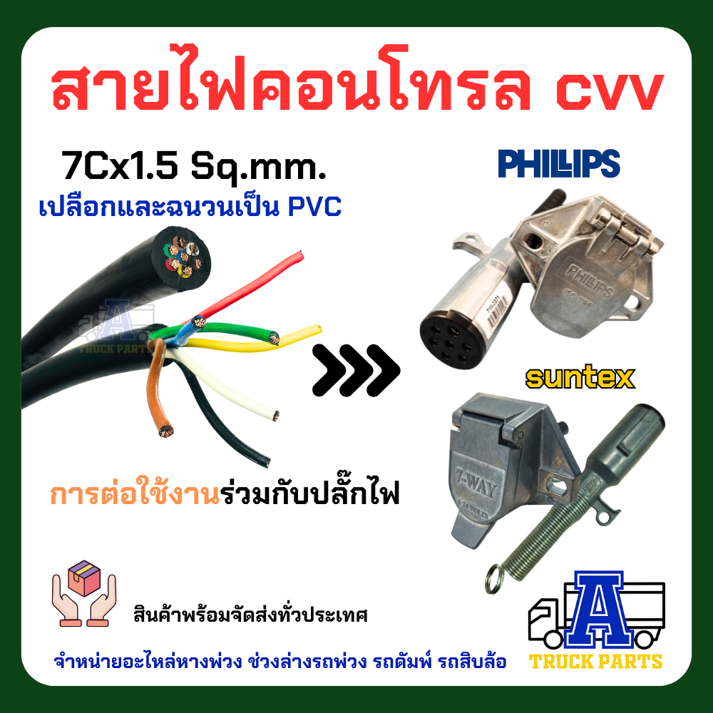 (แบ่งจำหน่าย)สายไฟ7สี7เส้น ทองแดงเต็ม1.5 สีดำ/เทา ผลิตในไทย ใช้กับปลั๊กไฟหางพ่วง รถเทเลอร์ รถบรรทุก