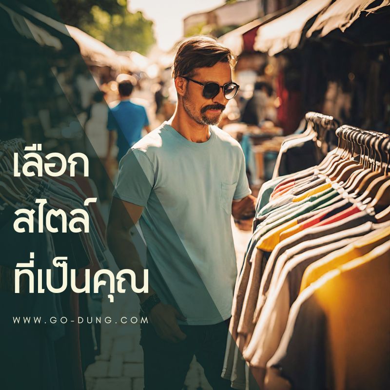 ผู้ชายกำลังเลือกซื้อเสื้อยืดมือสองในตลาดที่ขายของมือสองวินเทจ