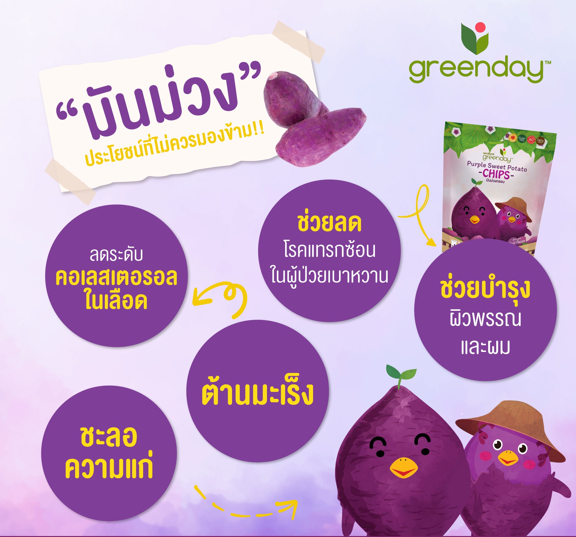 Greenday Fusion Purple sweet potato chips มันม่วงกรอบ ขนมกินเล่น หรือ ผสมกับเครื่องสลัด ขนาด 38 กรัม มี 2 รสชาติ ให้เลือก พร้อมทาน