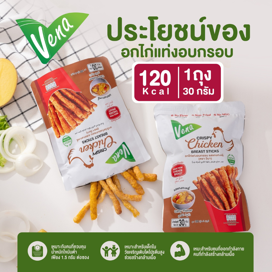 Vena วีนา Crispy Chicken Breast Sticks อกไก่แท่ง อบกรอบ ขนาด 30 กรัม 4 รสชาติ โปรตีนสูง ผลิตจากเนื้ออกไก่ มีฮาลาล