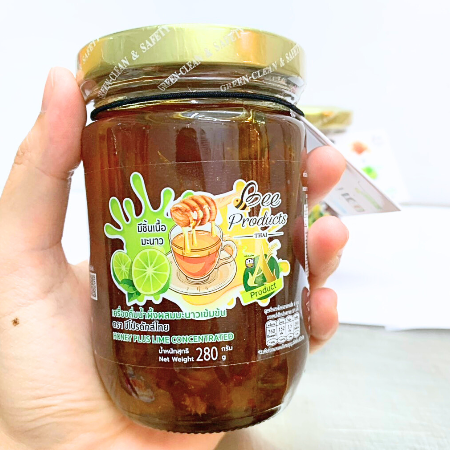 Bee Products Thai Honey Plus Lime Concentrted เครื่องดื่ม น้ำผึ้งผสมมะนาว เข้มข้น 280 กรัม มีชิ้นเนื้อมะนาว พร้อมทาน น้ำผึ้ง บีโปรดักส์ไทย