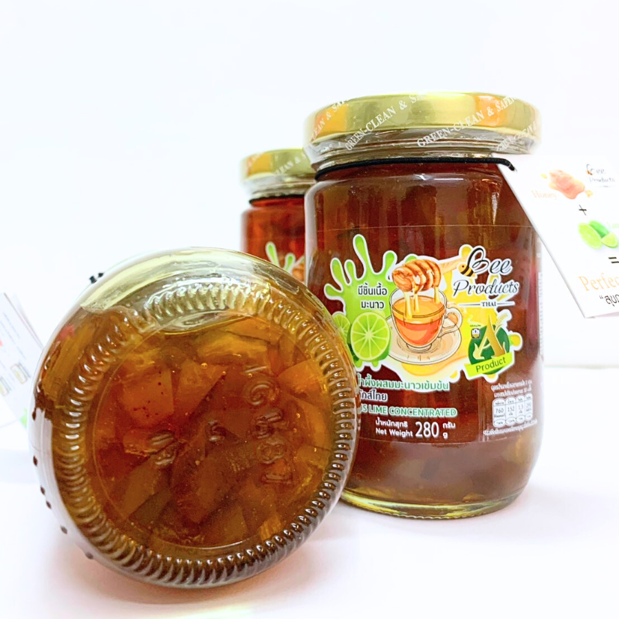 Bee Products Thai Honey Plus Lime Concentrted เครื่องดื่ม น้ำผึ้งผสมมะนาว เข้มข้น 280 กรัม มีชิ้นเนื้อมะนาว พร้อมทาน น้ำผึ้ง บีโปรดักส์ไทย