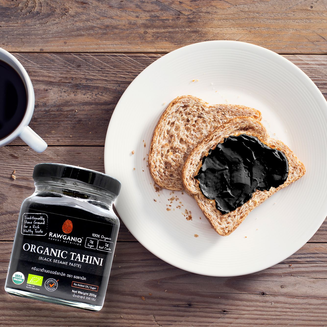 Rawganiq Black Tahini organic ครีมงาดำบด 200 กรัม ปราศจากไขมันทรานส์ สำหรับทาขนมปัง แครกเกอร์