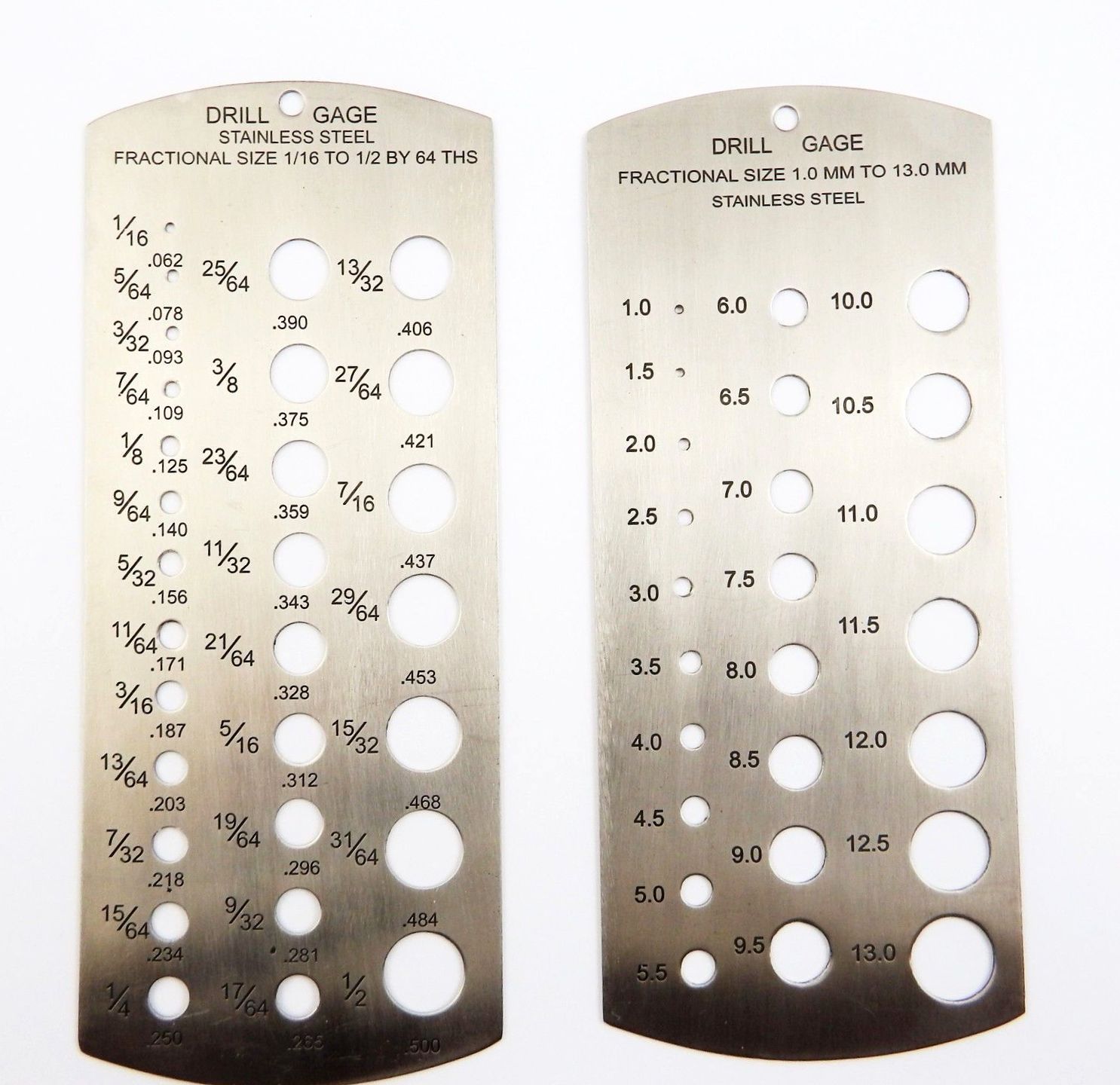 Set of 2 HSS Drill Gauges Stainless Steel- Metric (1.0-13.0 mm) & Imperial (1/16"-1/2") Standard