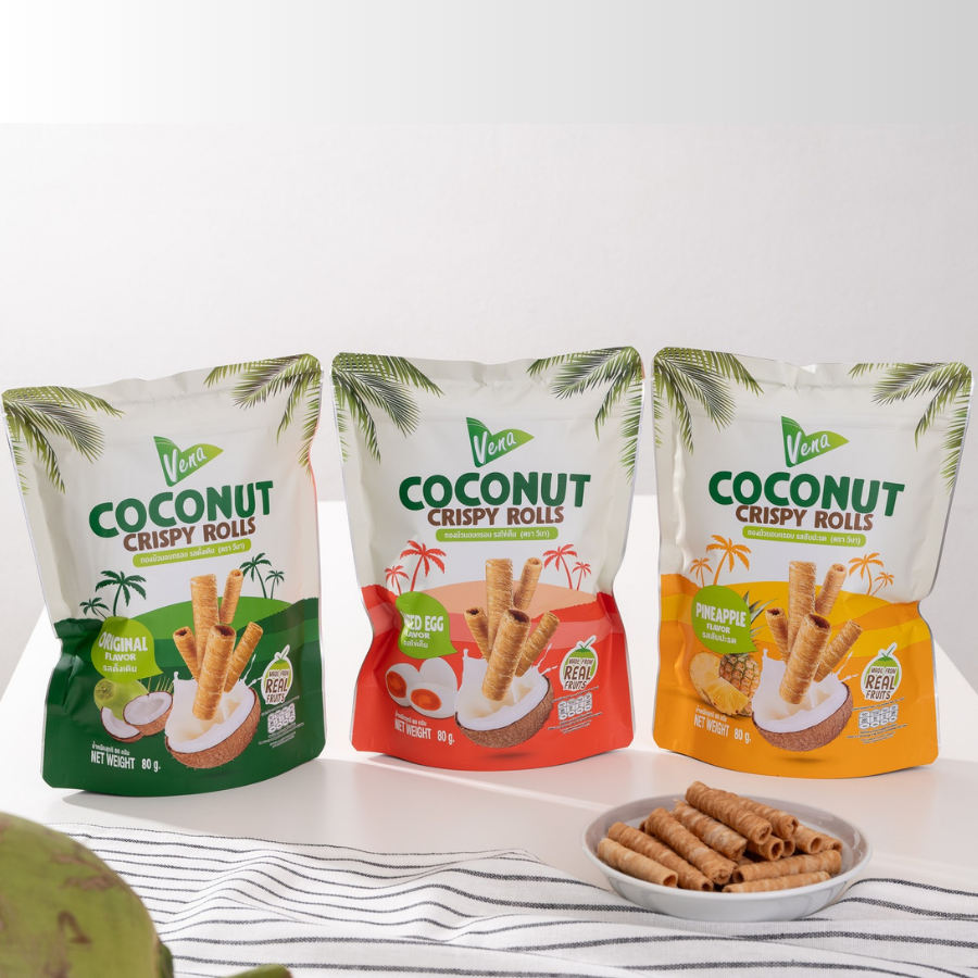 Vena วีนา Coconut Crispy Rolls ทองม้วน อบกรอบ 3 รสชาติ ขนาด 80 กรัม ทำจากกระทิแท้ อร่อย กรอบ ทานแบบพอดีคำ