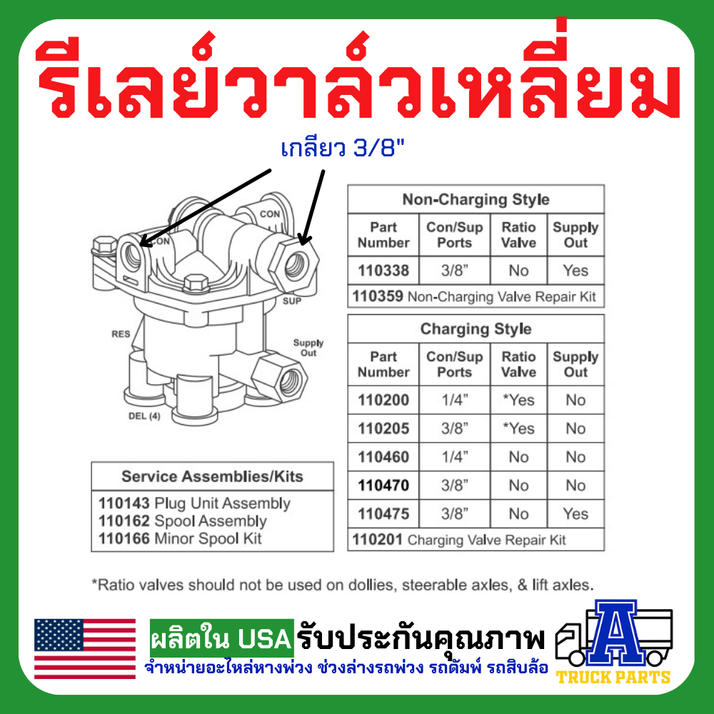รีเลย์วาล์วฉุกเฉิน Sealco 110205P, (ของแท้) อเมริกา รีเลย์วาล์วเหลี่ยม, Relay Emergency Valves, วาล์วจ่ายลมหางพ่วง