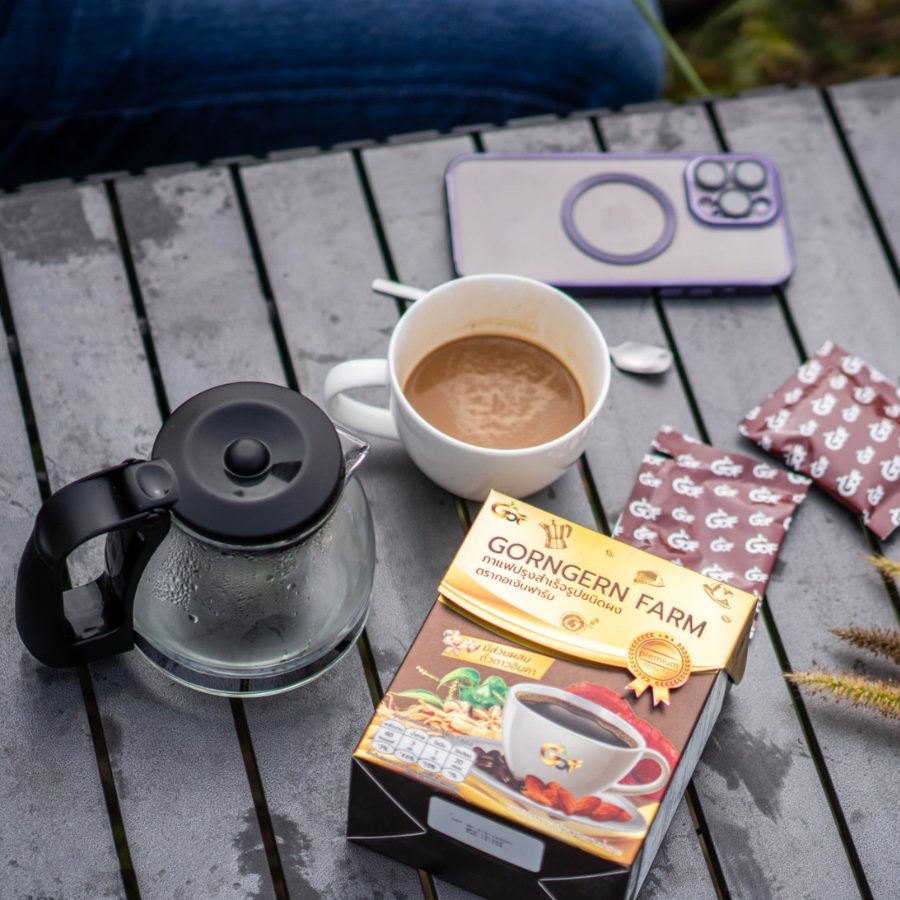 Gorngern farm กาแฟปรุงสำเร็จรูป ชนิดผง Instant Coffee Mix Powder 150 กรัม (15g X 10 ซอง) กาแฟสุขภาพ ใช้หญ้าหวานแทนน้ำตาล กอเงินฟาร์ม