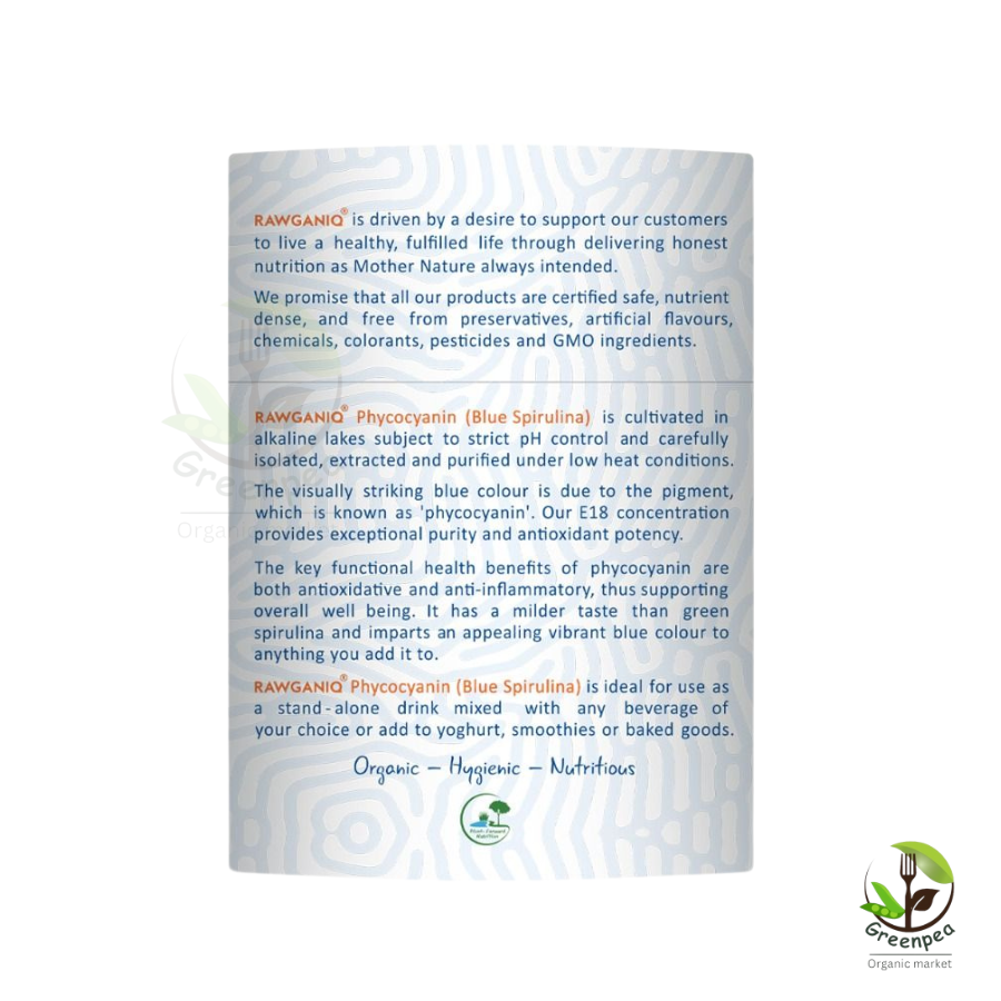 Rawganiq Blue Spirulina Powder (E18) ผง สาหร่ายสไปรูลิน่าสีน้ำเงิน ออร์แกนิค เกรด E18 ขนาด 40 กรัม สาหร่ายสไปรูลิน่าสีน้ำเงิน รอแกนิค
