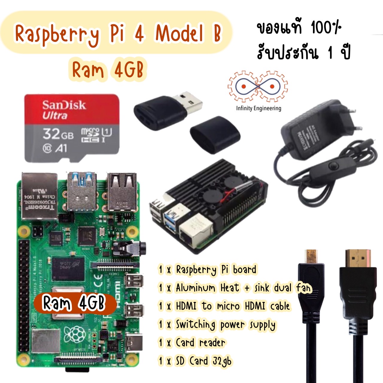 เซต Raspberry Pi 4 Model B (4GB) + SD Card 32gb + อุปกรณ์ใช้งาน 6 ชิ้น