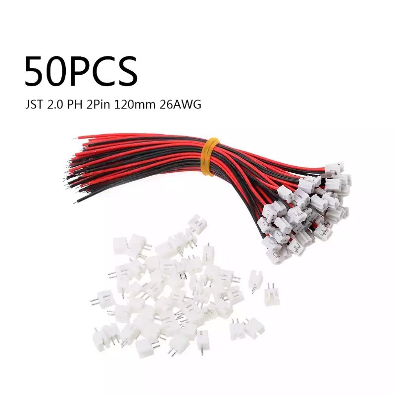 Mini Micro JST 2.0 PH 2-Pin (แพ็คละ 50ชุด) เชื่อมต่อปลั๊กพร้อมสายไฟสาย 120มม. 26AWG