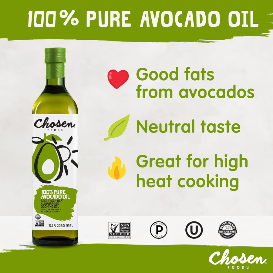 Chosen Food Pure Avocado Oil น้ำมันอะโวคาโด 500 ml. ใช้ปรุงอาหาร ปราศจากจีเอ็มโอ ทนความร้อน