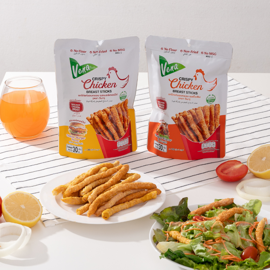Vena วีนา Crispy Chicken Breast Sticks อกไก่แท่ง อบกรอบ ขนาด 30 กรัม 4 รสชาติ โปรตีนสูง ผลิตจากเนื้ออกไก่ มีฮาลาล