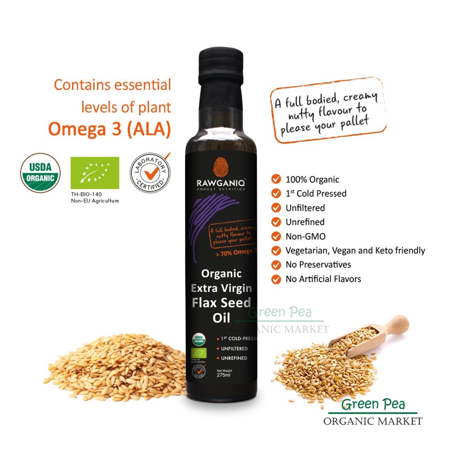 Rawganiq Organic น้ำมันเมล็ดแฟลกซ์ซีด สกัดเย็นออร์แกนิค 275 มล.Extra Virgin Golden Flaxseed Oil