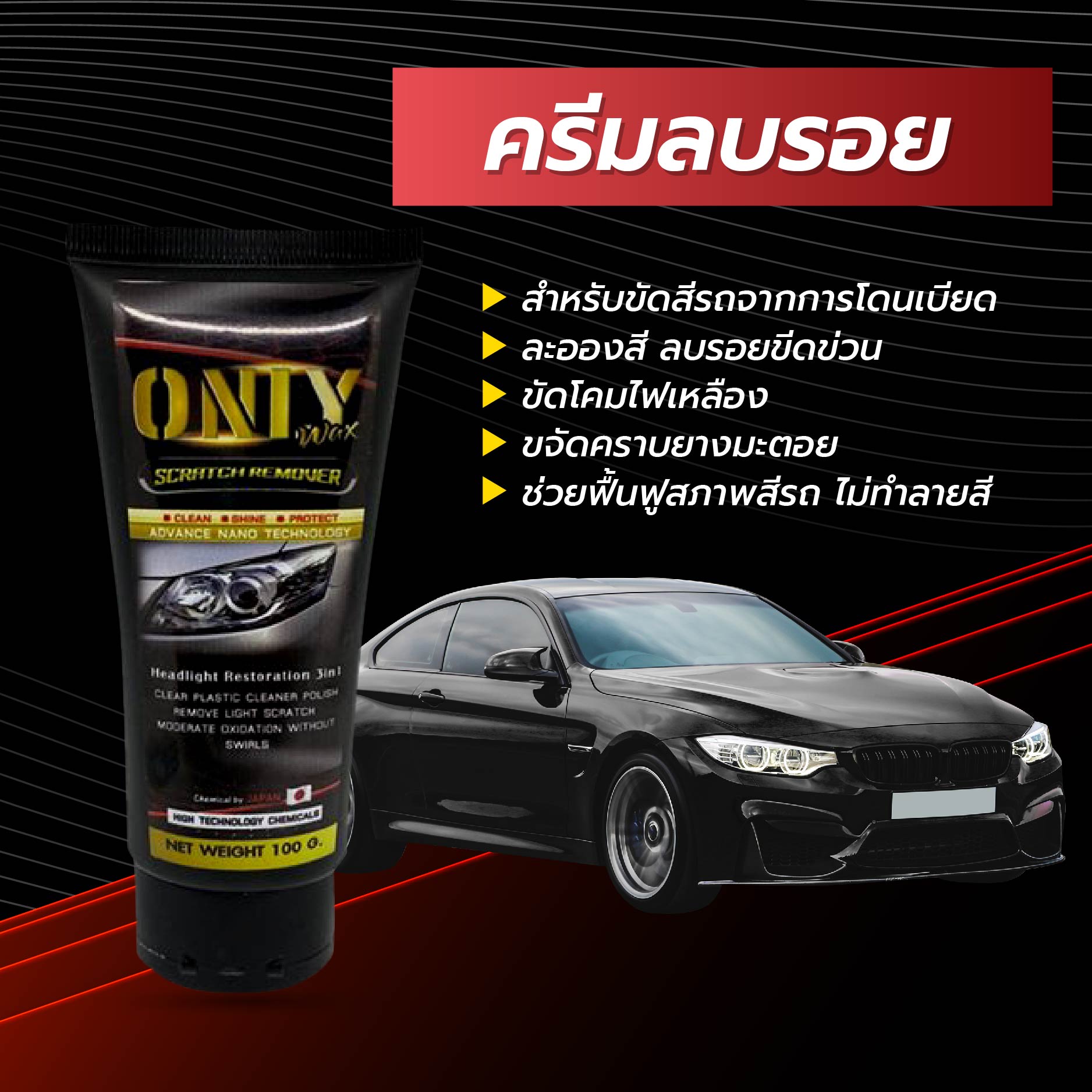 ONLY WAX น้ำยาขัดโคมไฟหน้ารถ ขัดคราบเหลือง Head light Restoration 3 in 1 แถมฟรี ผ้าไมโครไฟเบอร์ 1 ผืน