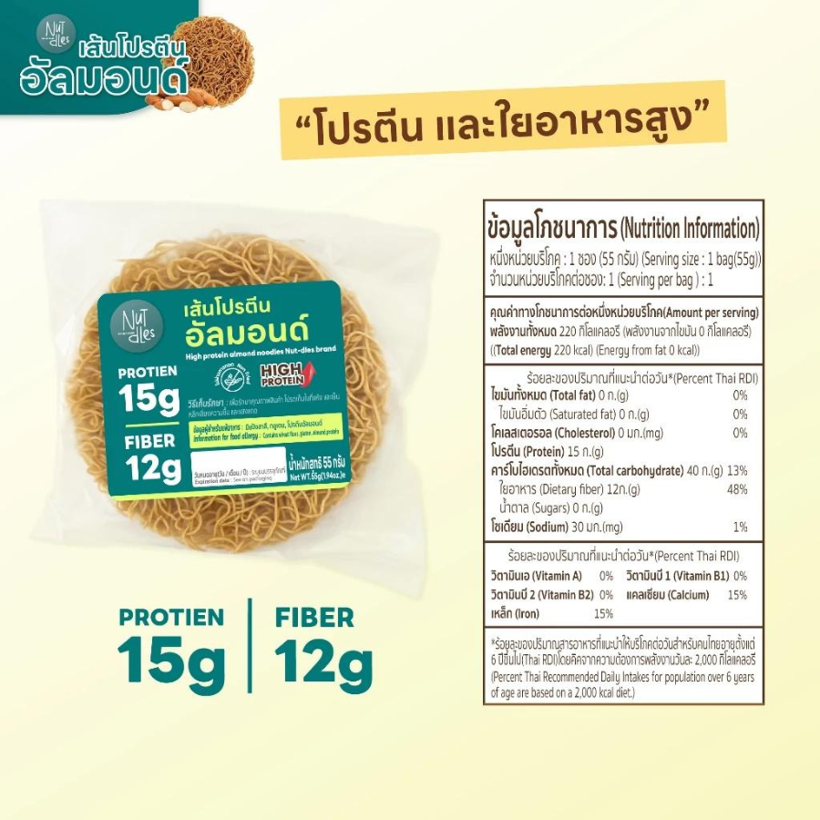 Nutdles High Protein Almond Noodle เส้นโปรตีนอัลมอนด์ 78 กรัม ไม่ผ่านการทอด โปรตีนและใยอาหารสูง แป้งน้อย เส้นเพื่อสุขภาพ