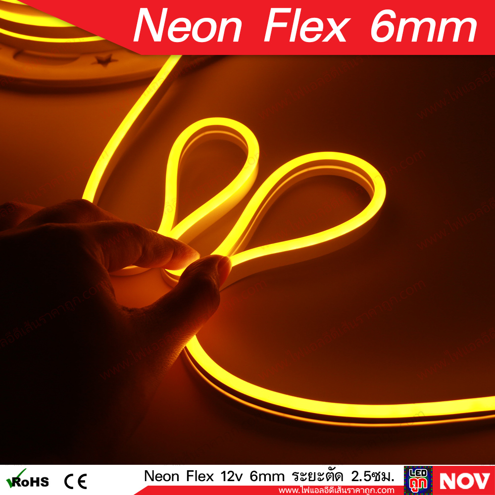 ลดล้างสต๊อก! นีออนเฟล็ก (Neon Flex Led) 6มม 12v แบบซิลิโคน ระยะตัดได้ทุก 2.5 ซม. [ยกม้วน และ แบ่งขาย]