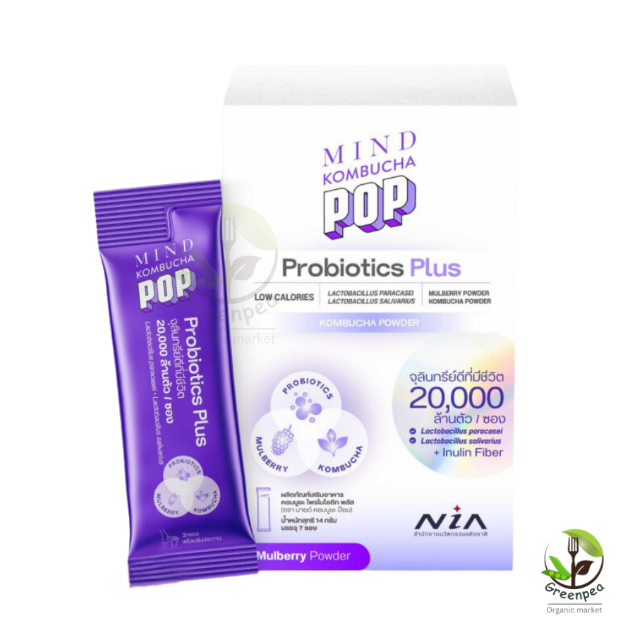 MIND KOMBUCHA POP Probiotics Plus ผงคอมบูชะ และ โพรไบโอติก ขนาด14 กรัม 7 ซอง แคลอรี่ต่ำ ไม่เติมน้ำตาล