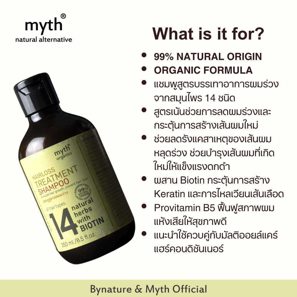 myth แชมพูสูตรลดผมร่วงจากสมุนไพร 14 ชนิด 14 Hairloss Treatment Shampoo ขนาด 250 ml ดูแลปัญหาผมหลุดผมร่วง และเพิ่มการสร้างเส้นผมใหม่ มิธ