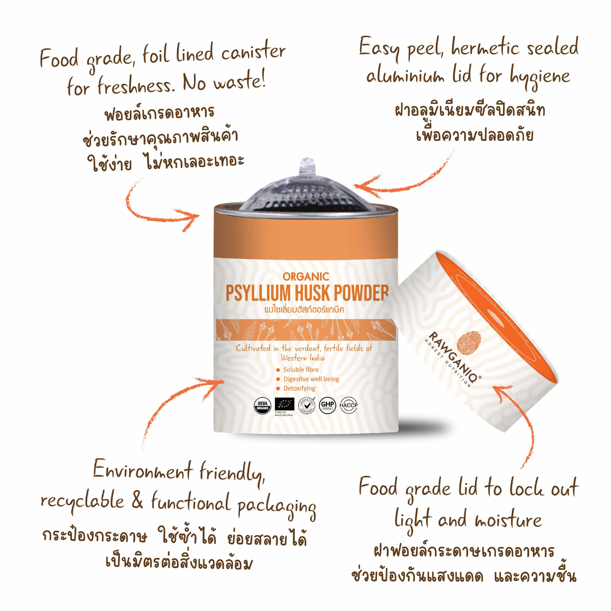 Rawganiq ขนาด100กรัม ผง ไซเลี่ยม ฮัสก์ Psyllium Husk Powder ผสมกับน้ำ หรือ เครื่องดื่ม