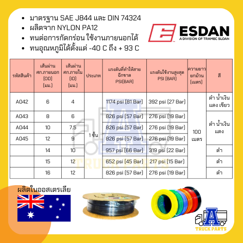 สายลม2ชั้น ESDANไนล่อน PA เกรด A 3หุน(3/8) (ตัดความยาวรวมเส้นเดียว) แข็งแรง ทนร้อน ทนUV ทนสารเคมีและน้ำมัน