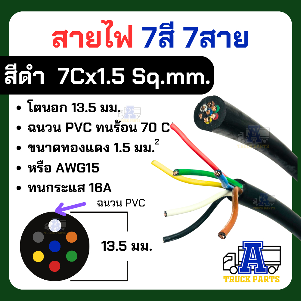 (แบ่งจำหน่าย)สายไฟ7สี7เส้น ทองแดงเต็ม1.5 สีดำ/เทา ผลิตในไทย ใช้กับปลั๊กไฟหางพ่วง รถเทเลอร์ รถบรรทุก