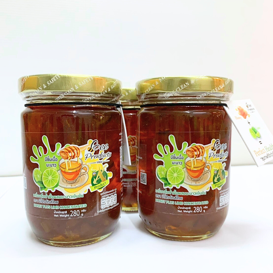 Bee Products Thai Honey Plus Lime Concentrted เครื่องดื่ม น้ำผึ้งผสมมะนาว เข้มข้น 280 กรัม มีชิ้นเนื้อมะนาว พร้อมทาน น้ำผึ้ง บีโปรดักส์ไทย
