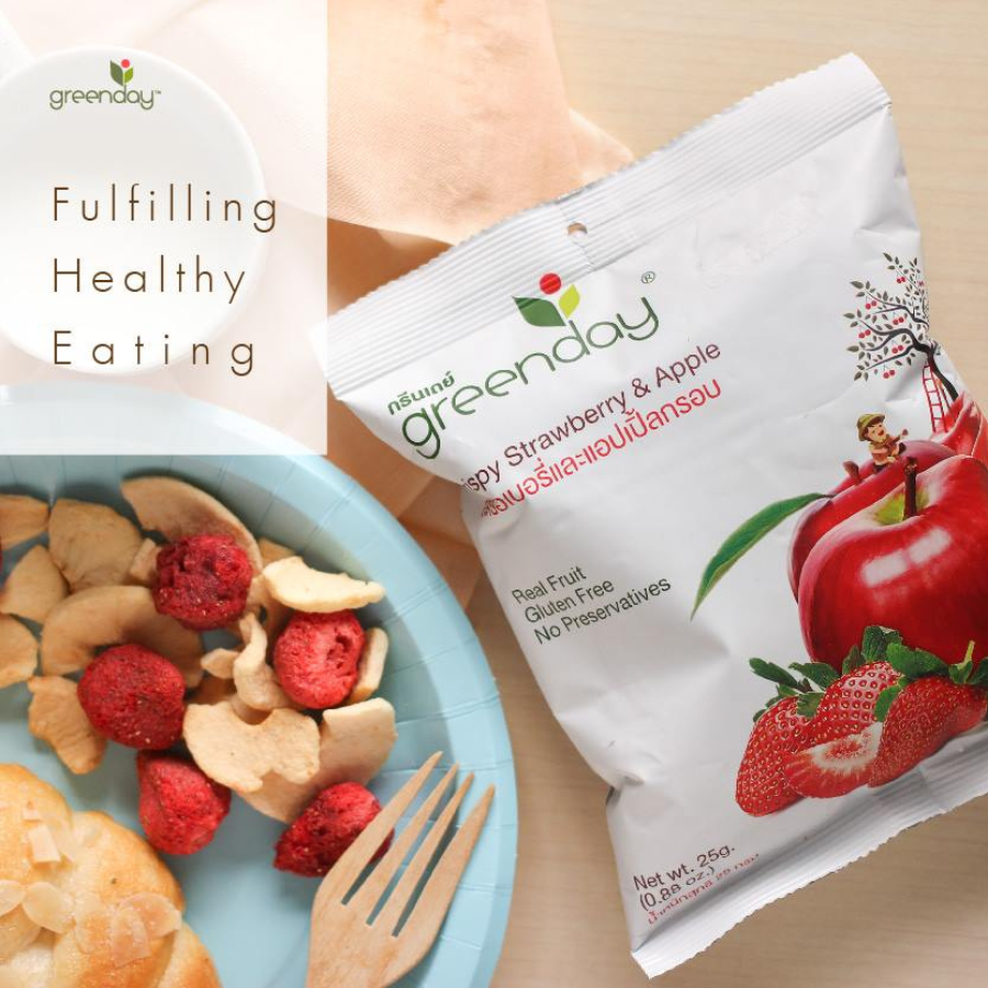 Greenday Crispy Strawberry & Apple สตรอเบอร์รี่ และ แอปเปิ้ล กรอบ ขนาด 25 กรัม ผลไม้กรอบ ทำจากผักแท้ GlutenFree ฮาลาล กรีนเดย์