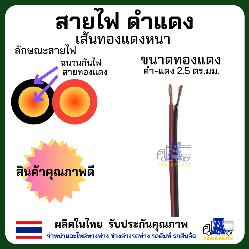 สายไฟดำแดง สายไฟหนา แข็งแรง เส้นทองแดงหนา ฉนวนกันไฟหนาและกันไฟได้ดี แบ่งขาย1เมตร ตัดยาวรวมเป็น1เส้น