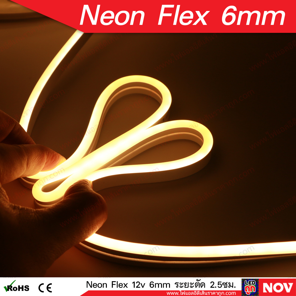 ลดล้างสต๊อก! นีออนเฟล็ก (Neon Flex Led) 6มม 12v แบบซิลิโคน ระยะตัดได้ทุก 2.5 ซม. [ยกม้วน และ แบ่งขาย]