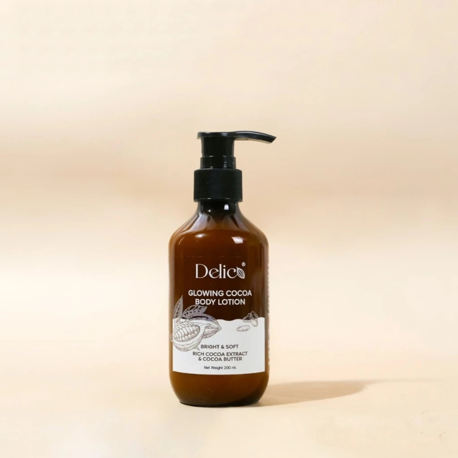 Delico Glowing Cocoa Body Lotion ขนาด 200 ml. โลชั่น โกโก้ บัตเตอร์ ไม่เหนียว ซึมไว อ่อนโยน ปราศจากพาราเบน เดลิโก้