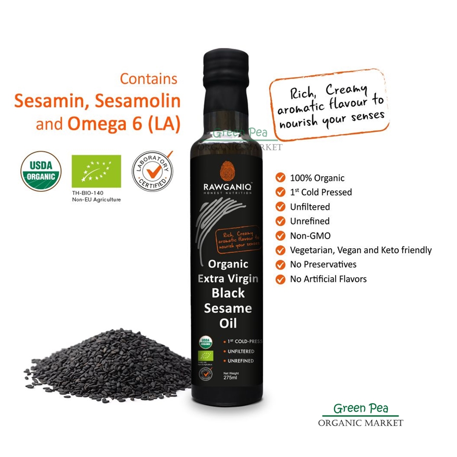 Rawganiq Organic Extra Virgin Black Sesame Seed Oil, Cold Pressed น้ำมันเมล็ดงาดำ สกัดเย็นออร์แกนิค ไม่ผ่านกรรมวิธี ไม่กรอง 275 มล.