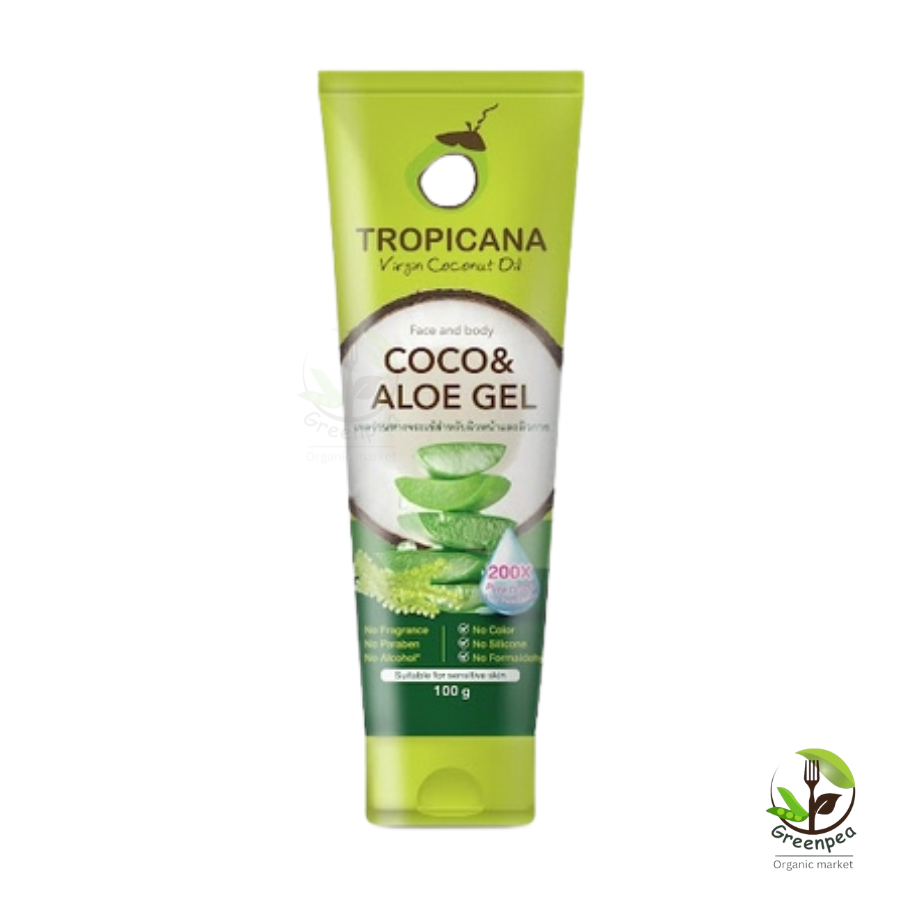 Tropicana coco & aloe gel เจลน้ำมันมะพร้าว และ ว่านหางจระเข้ สำหรับบำรุงผิว ชุ่มชื้นและฟื้นฟู ผิวหลังออกแดด ขนาด 100 กรัม Non Paraben