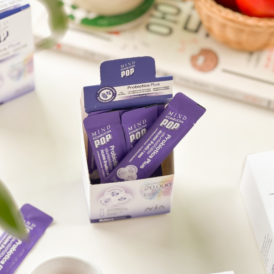 MIND KOMBUCHA POP Probiotics Plus ผงคอมบูชะ และ โพรไบโอติก ขนาด14 กรัม 7 ซอง แคลอรี่ต่ำ ไม่เติมน้ำตาล