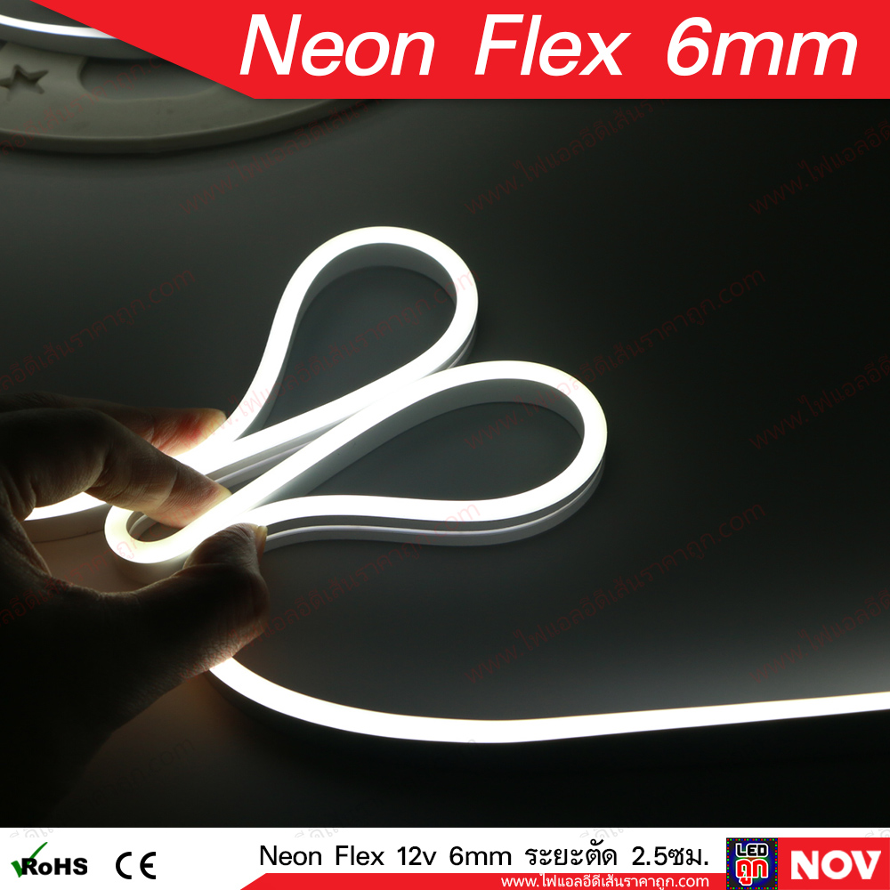 ลดล้างสต๊อก! นีออนเฟล็ก (Neon Flex Led) 6มม 12v แบบซิลิโคน ระยะตัดได้ทุก 2.5 ซม. [ยกม้วน และ แบ่งขาย]