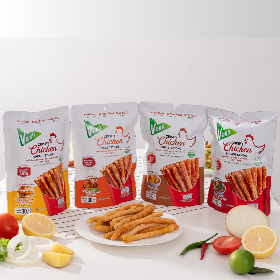 Vena วีนา Crispy Chicken Breast Sticks อกไก่แท่ง อบกรอบ ขนาด 30 กรัม 4 รสชาติ โปรตีนสูง ผลิตจากเนื้ออกไก่ มีฮาลาล