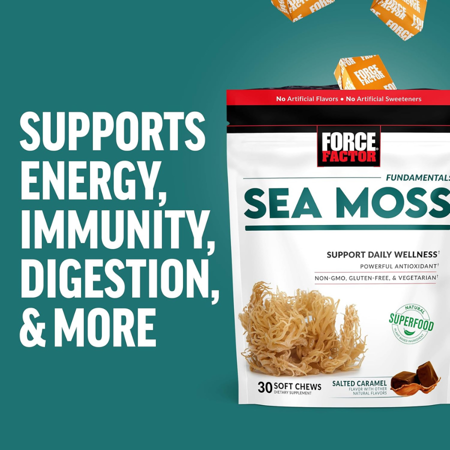 Force Factor Sea Moss Soft Chews มอสทะเล รสซอลท์เท็ดคาราเมล บรรจุเม็ดเคี้ยวแบบนิ่ม 30 เม็ด ปลอดจีเอ็มโอ ปราศจากกลูเตน