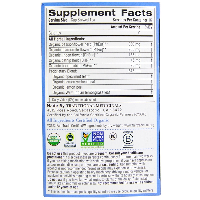 Traditional medicinals ชา ออร์แกนิค ช่วยให้ผ่อนคลายนอนหลับง่าย ,16 Tea bags