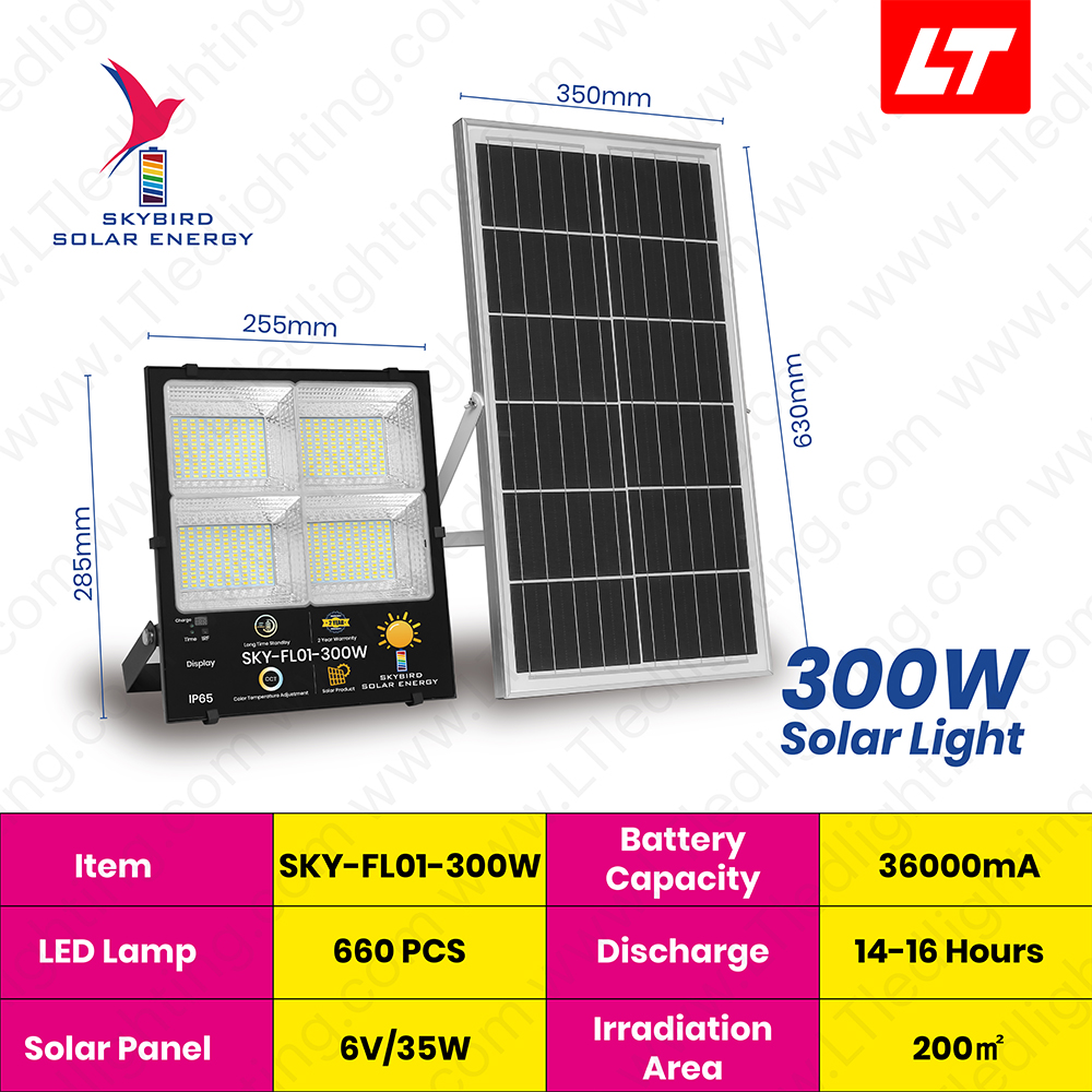 SKYBIRD ฟลัดไลท์โซล่าเซลล์ 60W-300W รุ่นSKY-FL01 เปลี่ยนสีได้ โซล่าเซลล์ floodlight