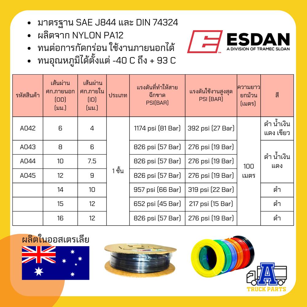 (ยกม้วน100เมตร)สายลมไนล่อนPA ESDAN ขนาด 6,8,10,12 มม. สีดำ แข็งแรง ทนร้อน ทนUV ทนสารเคมีและน้ำมัน