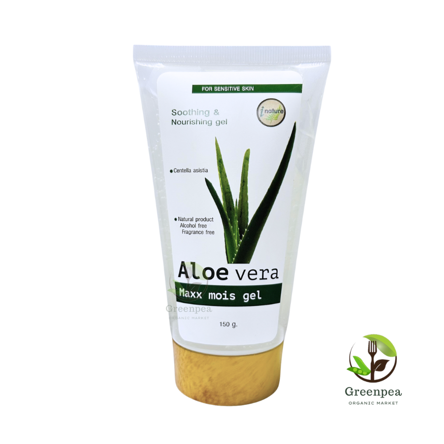 I nature Aloe vera maxx mois gel, nourishes the skin after sun exposure, free from alcohol and fragrances, colors.